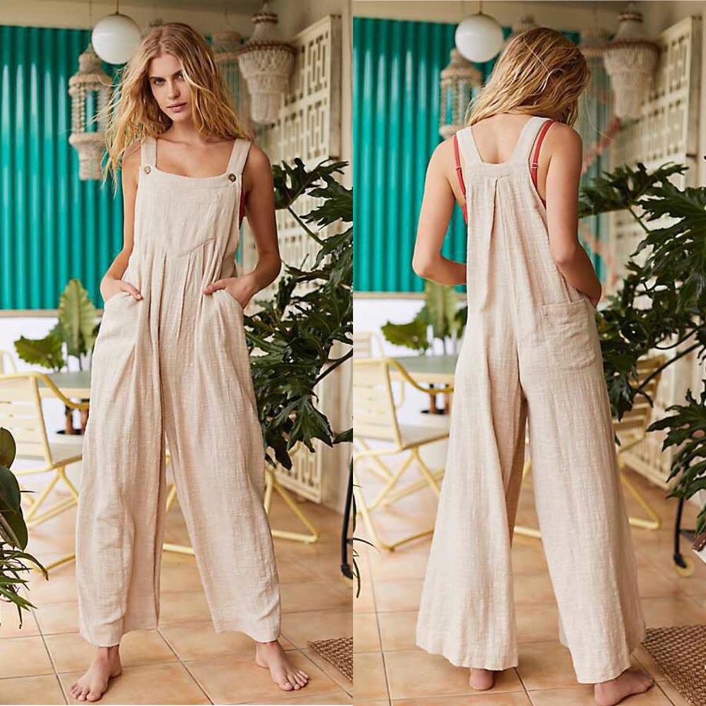 100% Cotton Beige Lightweight Wide Leg Loose Overalls Jumpsuit w/ Pockets